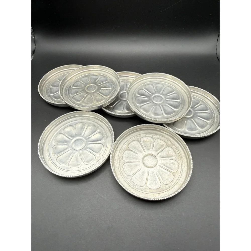 Vintage Set 7 Coasters & Holder MID-CENTURY Hand Forged Aluminum Daisy Motif MCM